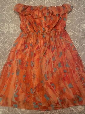 MM Couture Orange Strapless Sundress with Blue Geometric Print